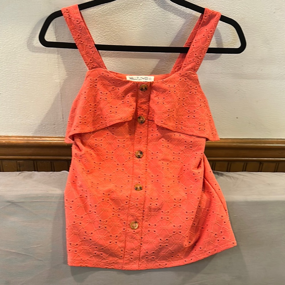 Wallflower Coral Pink Eyelet Ruffle Wide Strap Women's Tank Top Size Small